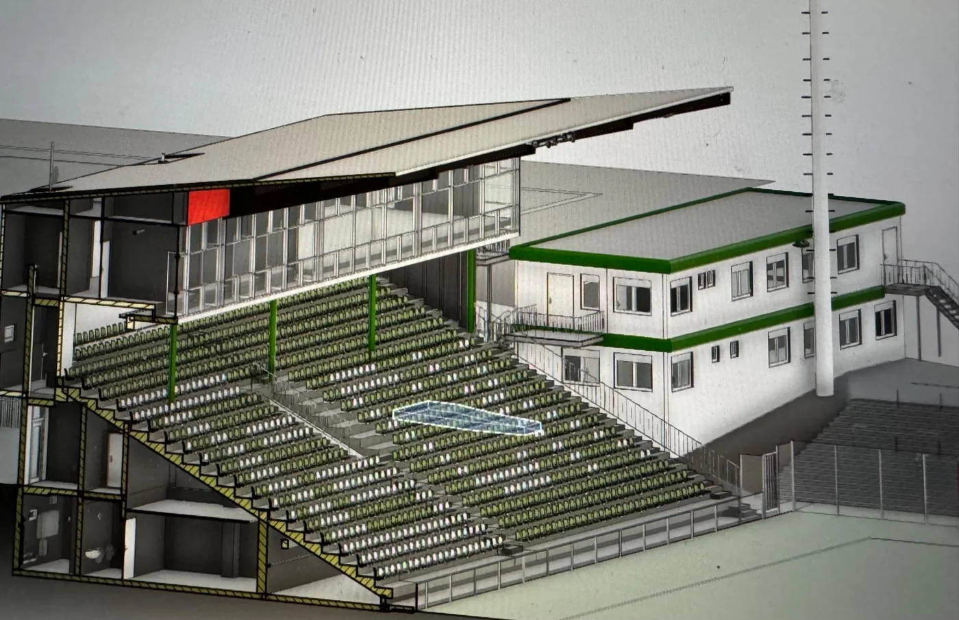 BIM-Modell der VfB-Lübeck-Tribüne mit Sitzreihen, Dach und angrenzenden Räumen